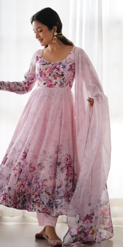 KB 261 Pink Color Soft Organza Silk Print With Kali Gown Casual, Wedding, Party, Festive, Events Etc.4-6 Working Days@ 1999/-only | Gowns, Bollywood Gowns, Creative Gowns, Designer Gowns, Embroidered Gowns, Party Wear Gowns