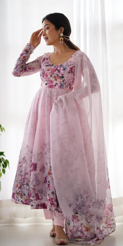 KB 261 Pink Color Soft Organza Silk Print With Kali Gown Casual, Wedding, Party, Festive, Events Etc.4-6 Working Days@ 1999/-only | Gowns, Bollywood Gowns, Creative Gowns, Designer Gowns, Embroidered Gowns, Party Wear Gowns
