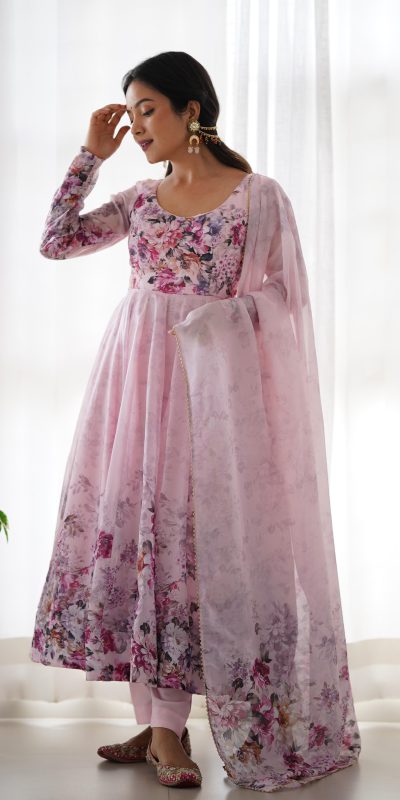 KB 261 Pink Color Soft Organza Silk Print With Kali Gown Casual, Wedding, Party, Festive, Events Etc.4-6 Working Days@ 1999/-only | Gowns, Bollywood Gowns, Creative Gowns, Designer Gowns, Embroidered Gowns, Party Wear Gowns