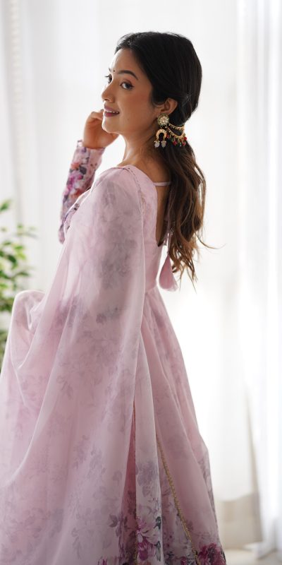 KB 261 Pink Color Soft Organza Silk Print With Kali Gown Casual, Wedding, Party, Festive, Events Etc.4-6 Working Days@ 1999/-only | Gowns, Bollywood Gowns, Creative Gowns, Designer Gowns, Embroidered Gowns, Party Wear Gowns