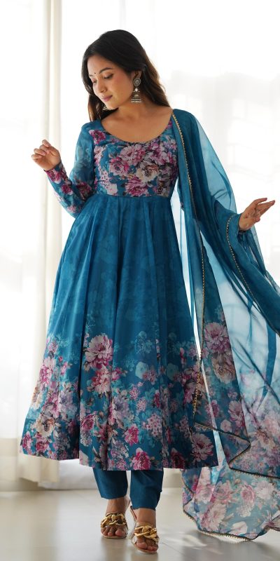 KB 261 Rama Color Soft Organza Silk Print With Kali Gown Casual, Wedding, Party, Festive, Events Etc.4-6 Working Days@ 1999/-only | Gowns, Bollywood Gowns, Creative Gowns, Designer Gowns, Embroidered Gowns, Party Wear Gowns