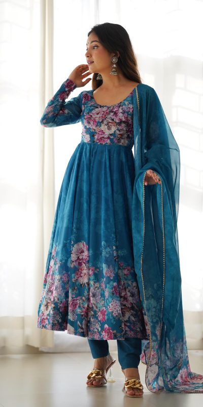 KB 261 Rama Color Soft Organza Silk Print With Kali Gown Casual, Wedding, Party, Festive, Events Etc.4-6 Working Days@ 1999/-only | Gowns, Bollywood Gowns, Creative Gowns, Designer Gowns, Embroidered Gowns, Party Wear Gowns