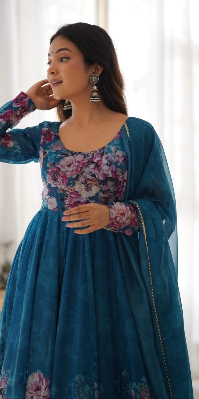 KB 261 Rama Color Soft Organza Silk Print With Kali Gown Casual, Wedding, Party, Festive, Events Etc.4-6 Working Days@ 1999/-only | Gowns, Bollywood Gowns, Creative Gowns, Designer Gowns, Embroidered Gowns, Party Wear Gowns