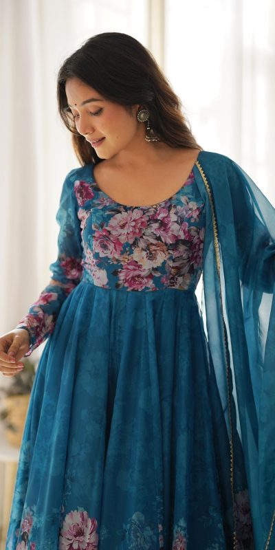 KB 261 Rama Color Soft Organza Silk Print With Kali Gown Casual, Wedding, Party, Festive, Events Etc.4-6 Working Days@ 1999/-only | Gowns, Bollywood Gowns, Creative Gowns, Designer Gowns, Embroidered Gowns, Party Wear Gowns