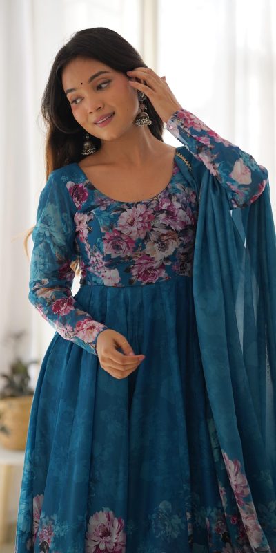 KB 261 Rama Color Soft Organza Silk Print With Kali Gown Casual, Wedding, Party, Festive, Events Etc.4-6 Working Days@ 1999/-only | Gowns, Bollywood Gowns, Creative Gowns, Designer Gowns, Embroidered Gowns, Party Wear Gowns