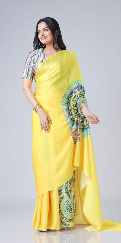 ST 1102 Yellow Color Japan Satin Digital Print Work Saree Casual, Wedding, Festive, Events . Expected Delivery 4-6 Working Days @1849/- only | Sarees, Bollywood Sarees, Creative Sarees, Designer Sarees, Embroidered Sarees, Ethnic Saree, Modern Digital sarees, Party Wear Sarees