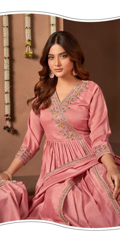 Trendy Peach Color Vichitra Silk Embroidery Work Salwar Suit