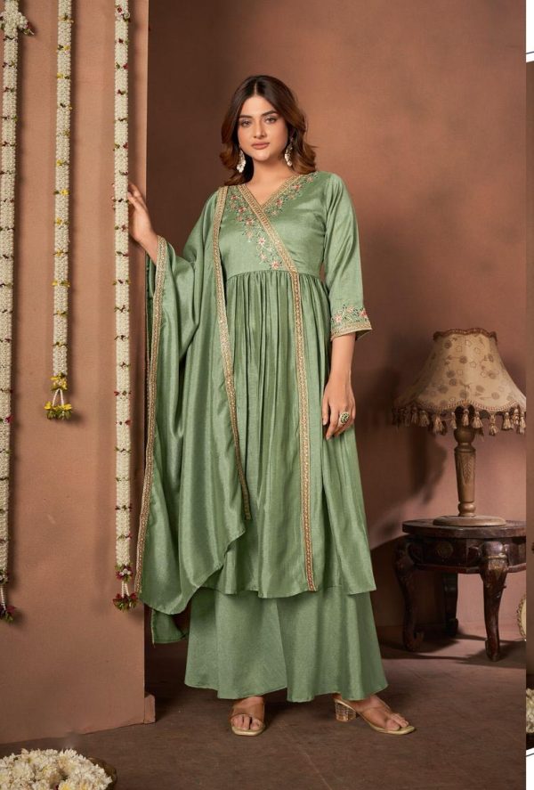 Trendy Pista Color Vichitra Silk Embroidery Work Salwar Suit
