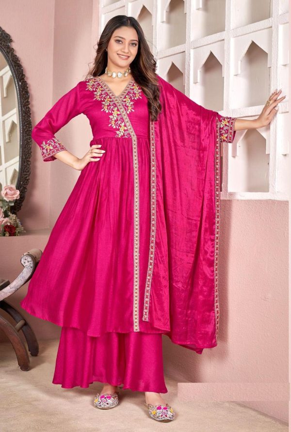 Trendy Rani Pink Color Vichitra Silk Embroidery Work Salwar Suit