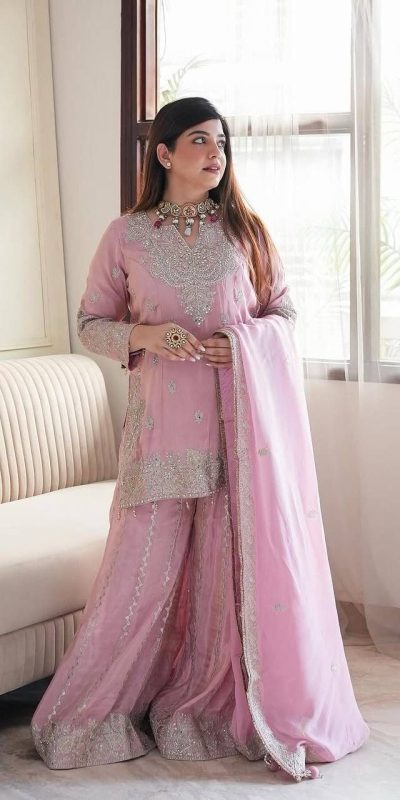 Wonderful Pink Color Chinon Sequence Rivet Moti Salwar Suit