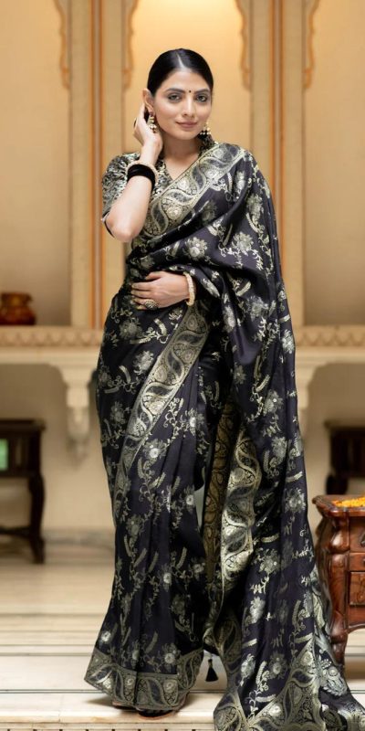Bright Black Color Soft Litchi Silk All Over Weaving Saree