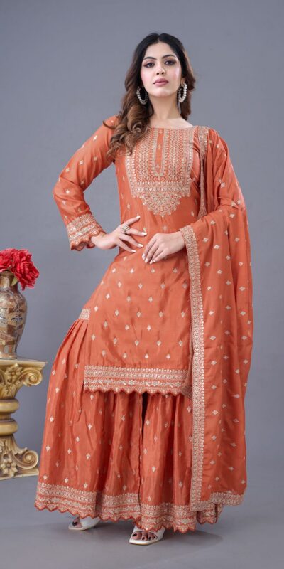 ZF 5006 Orange Color Chinon Silk Sequence Work Salwar Suit Casual, Wedding, Festive, Events . Expected Delivery 4-6 Working Days @2149/- only | Jump Suits, Salwar suit, Casual Suits, Creative suits, Designer Suits, Palazzo Suits, Party Wear Suits, Patiala Suits, Straight Suits