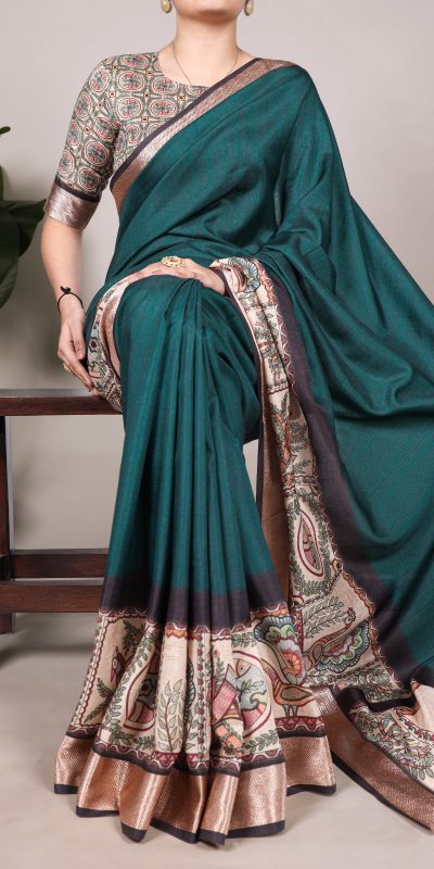 YNF 7022 Peacock Blue Color Tussar Silk With Viscose Border Printed Saree Saree , Wedding, Festive, Events . Expected Delivery  4-6 Working Days @1699/-                                                                                                                                            | Sarees, Bollywood Sarees, Creative Sarees, Designer Sarees, Embroidered Sarees, Ethnic Saree, Modern Digital sarees, Party Wear Sarees
