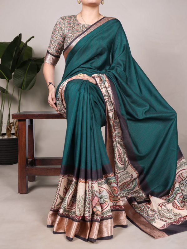 YNF 7022 Peacock Blue Color Tussar Silk With Viscose Border Printed Saree Saree , Wedding, Festive, Events . Expected Delivery  4-6 Working Days @1699/-                                                                                                                                            | Sarees, Bollywood Sarees, Creative Sarees, Designer Sarees, Embroidered Sarees, Ethnic Saree, Modern Digital sarees, Party Wear Sarees