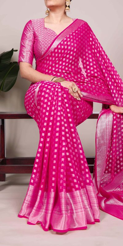 YNF 7901 Pink Color Nylon Georgette Zari Weaving Work Saree Casual, Wedding, Festive, Events . Expected Delivery  4-6 Working Days @1599/- only                                                                                                                                           | Sarees, Bollywood Sarees, Creative Sarees, Designer Sarees, Embroidered Sarees, Ethnic Saree, Modern Digital sarees, Party Wear Sarees