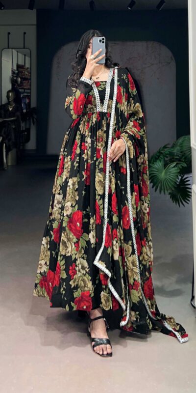 YNF 5040 Red Color Georgette Floral Printed Paper Mirror Lace Gown Casual, Wedding, Party, Festive, Events Etc. Expected Delivery 4-6 Working Days @1899/- | Gowns, Bollywood Gowns, Creative Gowns, Designer Gowns, Embroidered Gowns, Party Wear Gowns