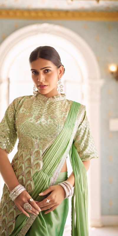 ST 1103 Pista Color Chinon Embroidery Work Lace Border Saree Casual, Wedding, Festive, Events . Expected Delivery 4-6 Working Days @2099/- only | Sarees, Bollywood Sarees, Creative Sarees, Designer Sarees, Embroidered Sarees, Ethnic Saree, Modern Digital sarees, Party Wear Sarees
