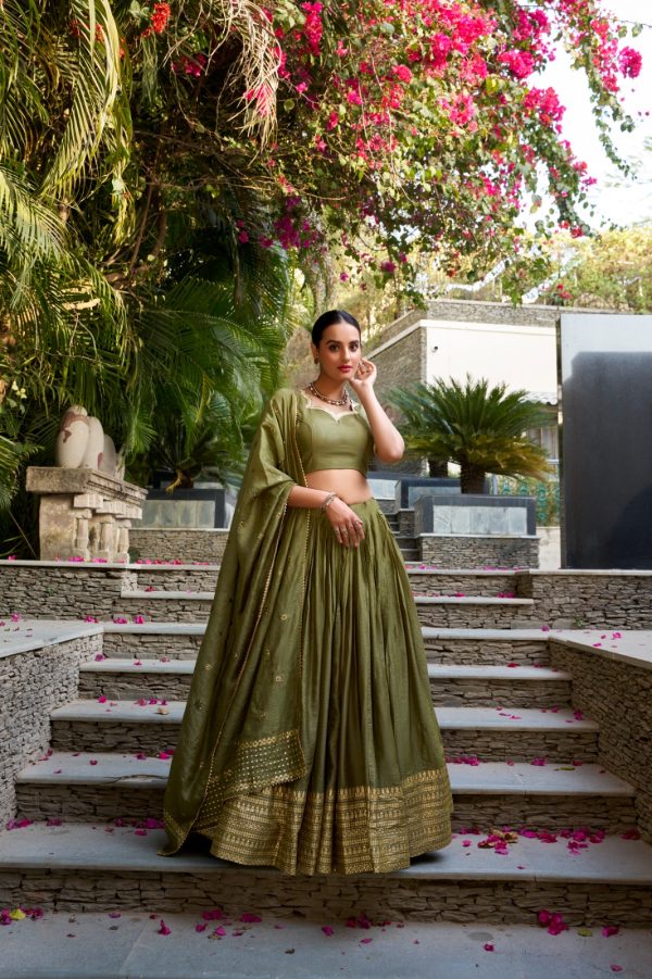 Mehndi Chanderi Plain With Zari Weaving Work Border Lehenga Choli