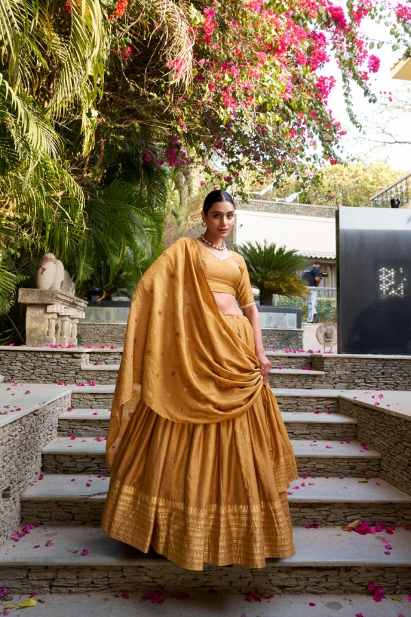 Mustard Chanderi Plain With Zari Weaving Work Border Lehenga Choli