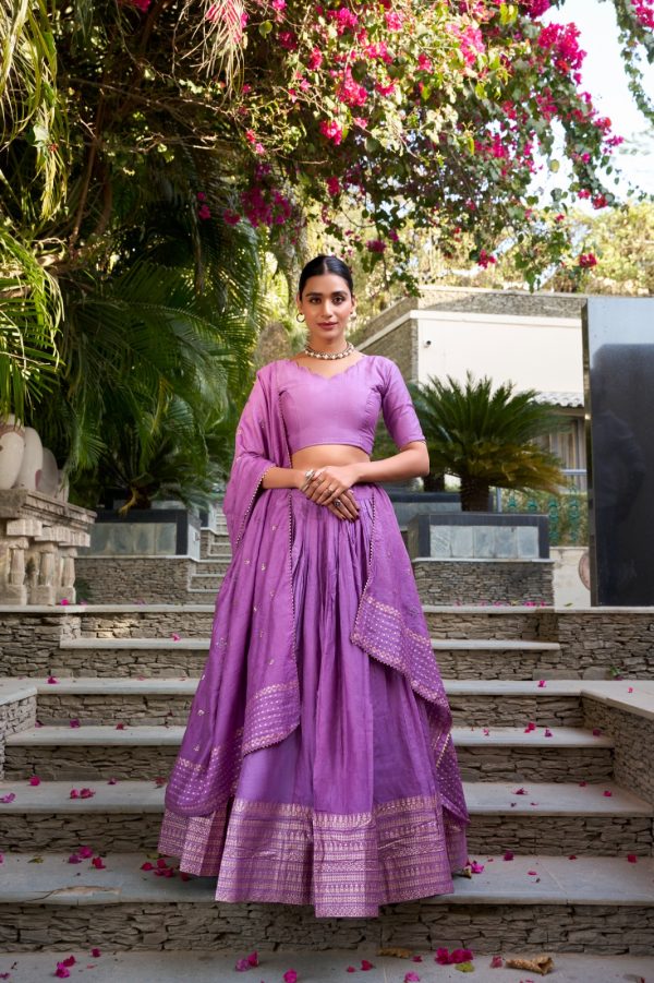 Purple Chanderi Plain With Zari Weaving Work Border Lehenga Choli