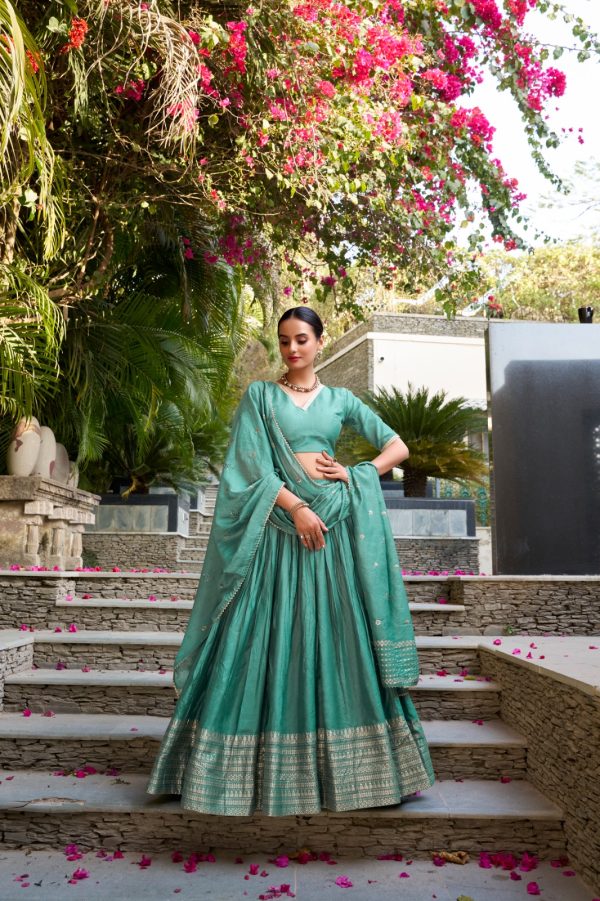 Sea Green Chanderi Plain With Zari Weaving Work Border Lehenga Choli