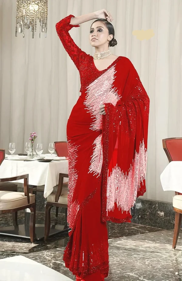 Red Georgette Sequins Work Saree