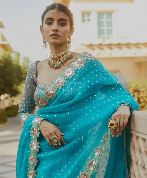 Firozi Georgette Sequence Print Saree