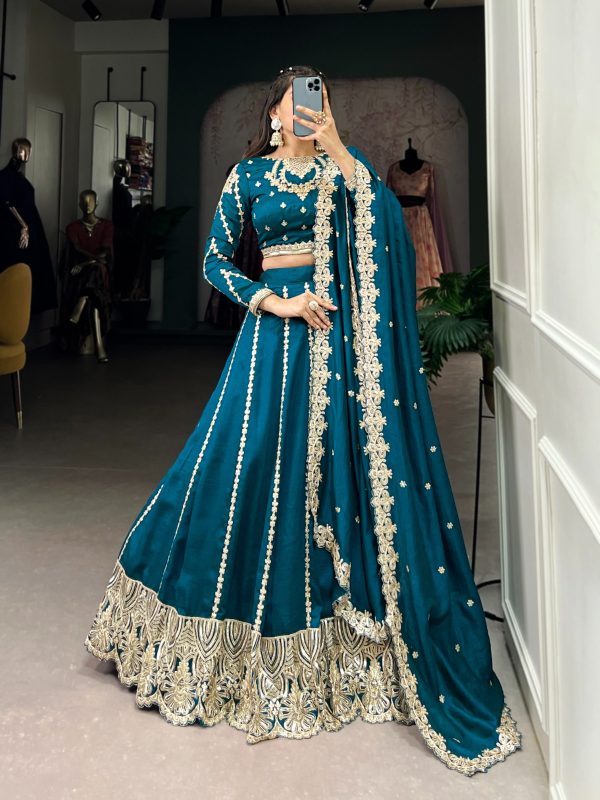 Firozi Vichitra Sequins Lehenga Choli