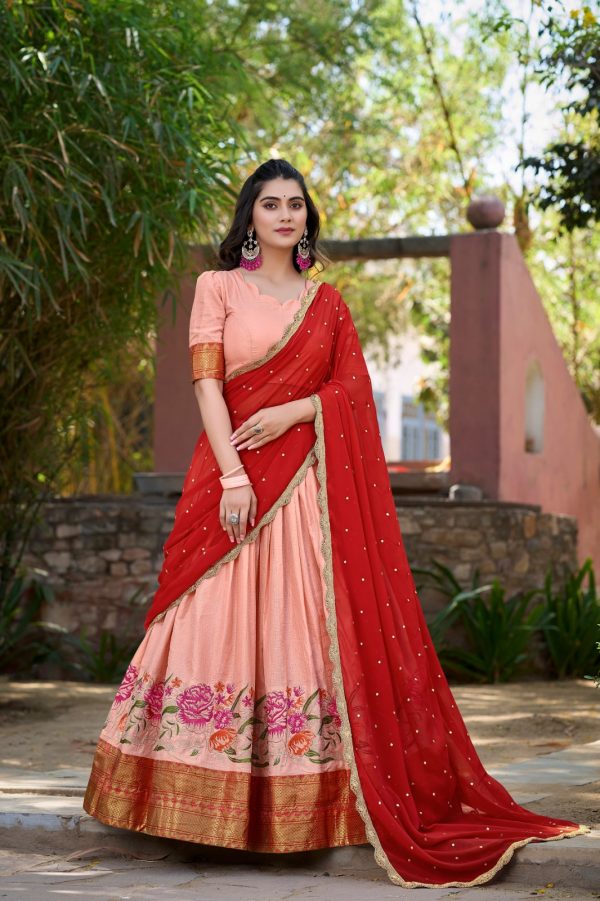 Peach Cotton Embroidery Lehenga Choli