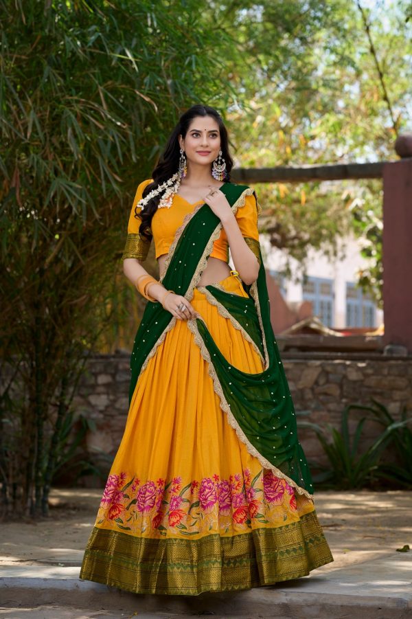 Yellow Cotton Embroidery Lehenga Choli