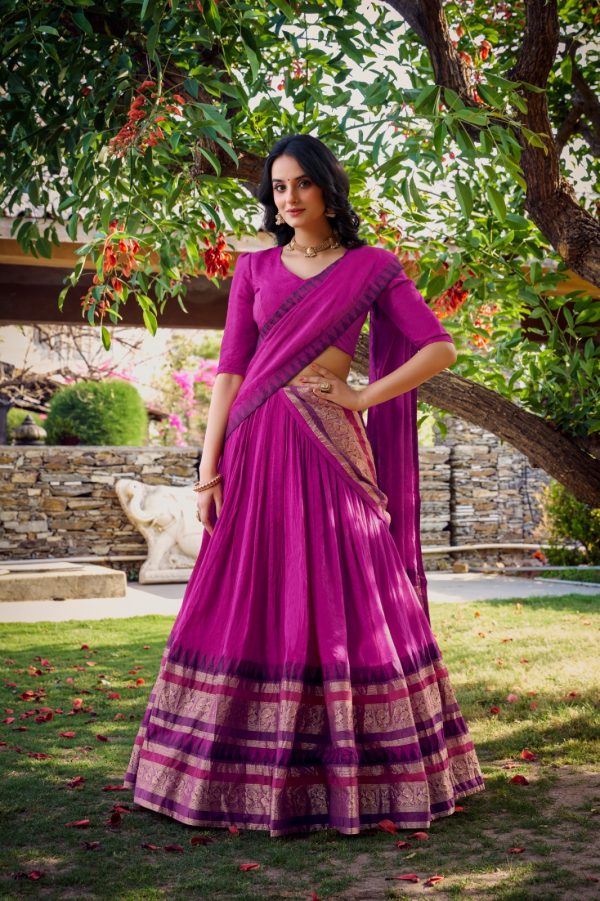 Pink Chanderi Plain Lehenga Choli