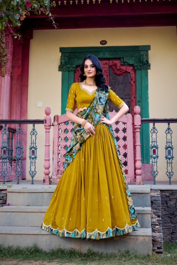 Mustard Vichitra Kalamkari Lehenga Choli