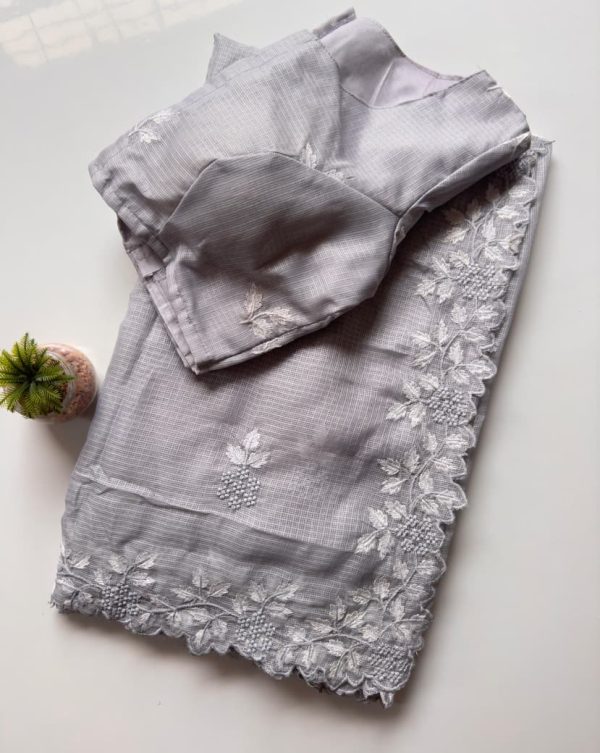 Grey Kota Doriya Thread Work Saree