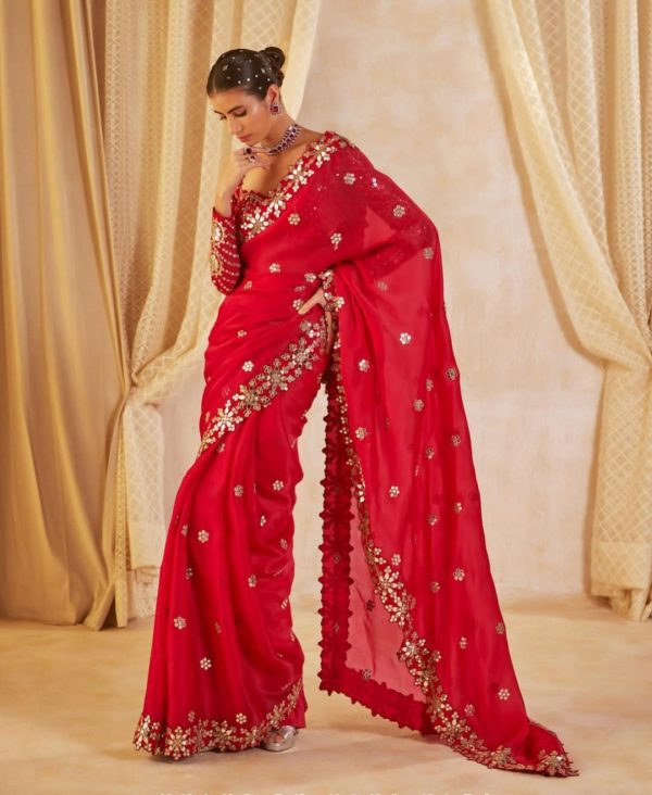 Red Georgette Mirror Work Saree