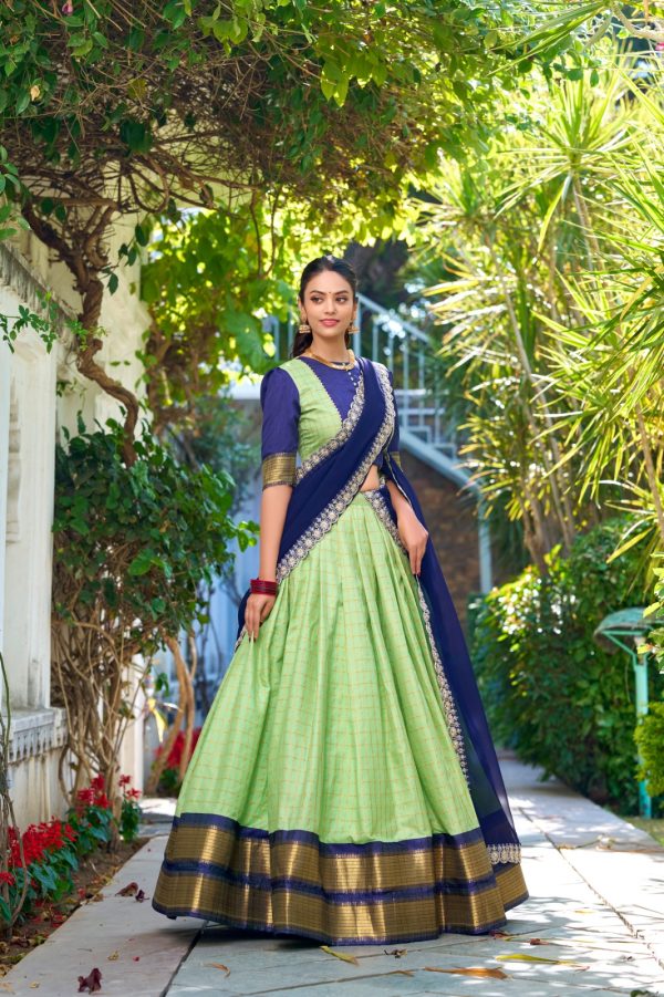 Pista Zari Chex Weaving Work Lehenga Choli