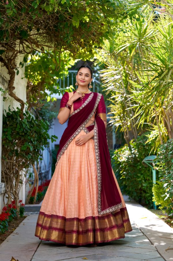 Peach Zari Chex Weaving Work Lehenga Choli