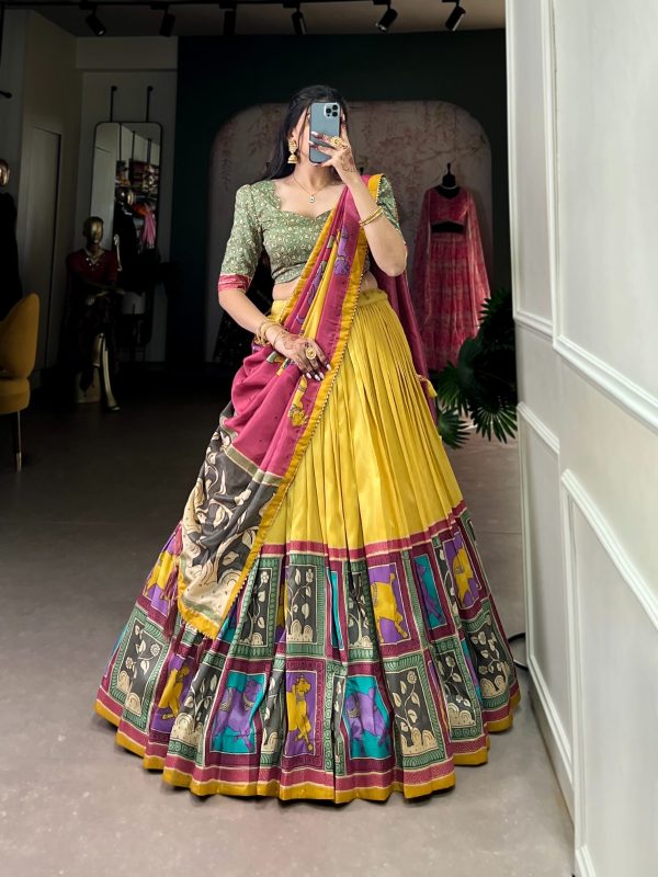 Yellow Tasar Kalamkari Lehenga Choli