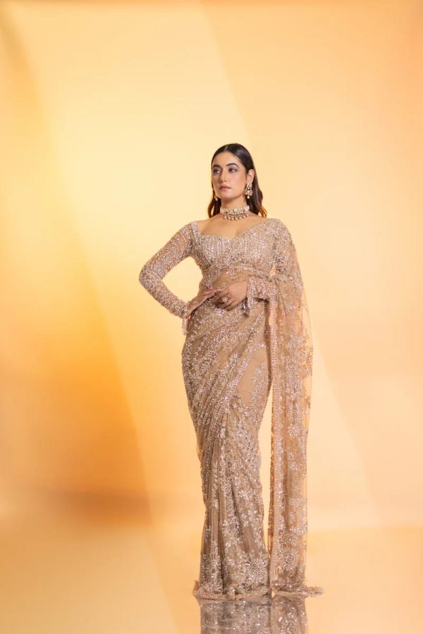 Cream Butterfly Net Sequence Saree