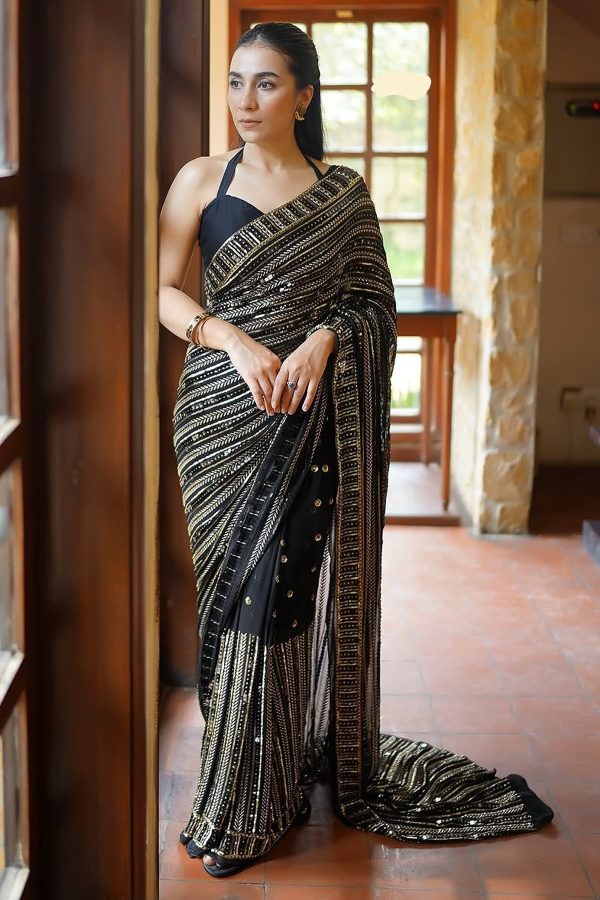Black Georgette Embroidery Work Saree