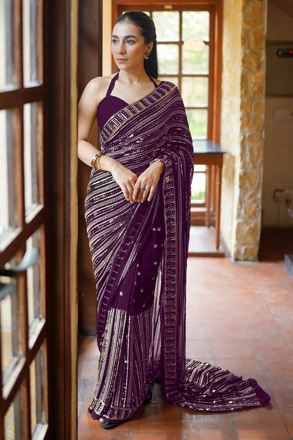 Wine Georgette Embroidery Work Saree