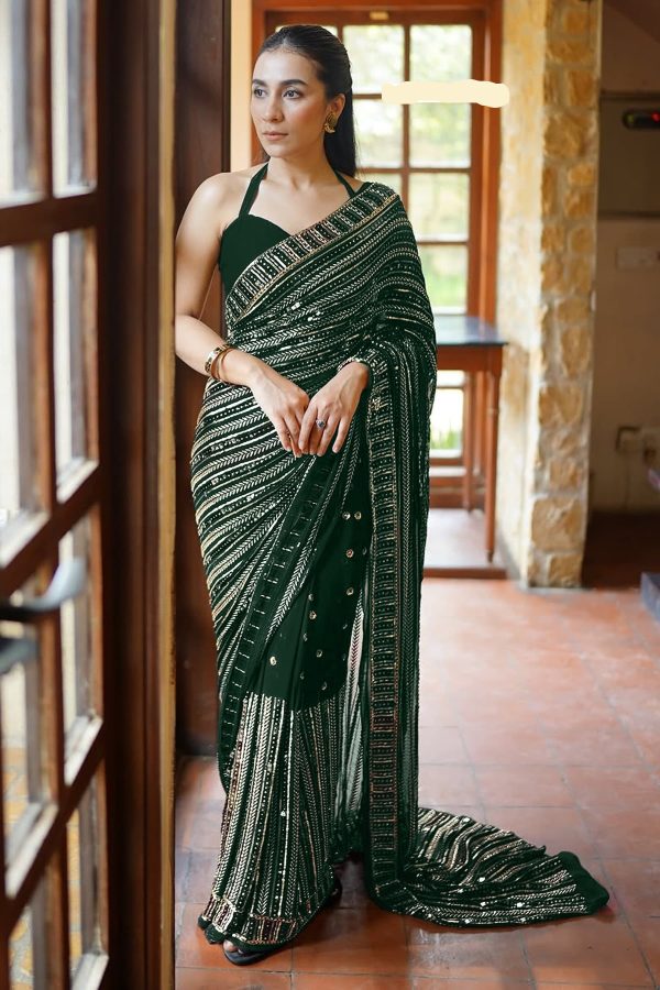 Green Georgette Embroidery Work Saree