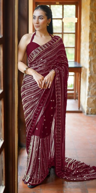 Maroon Georgette Embroidery Work Saree