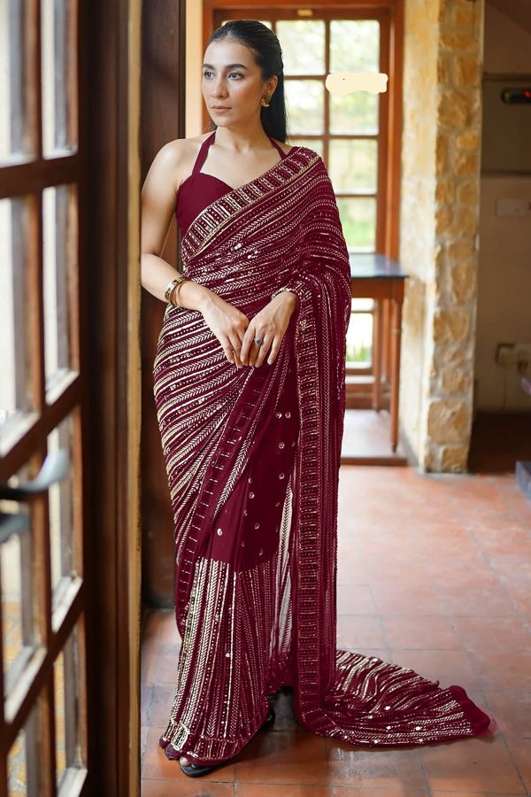 Maroon Georgette Embroidery Work Saree