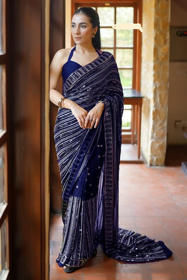 Navy Blue Georgette Embroidery Work Saree