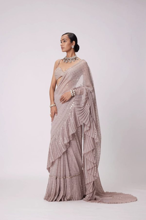 Light Peach Faux Georgette Sequence Saree