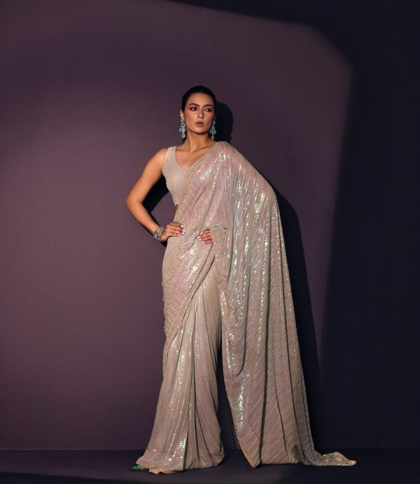 Grey Georgette Rainbow Sequins Saree
