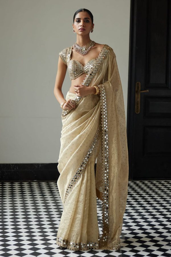 Cream Organza Sequins Saree