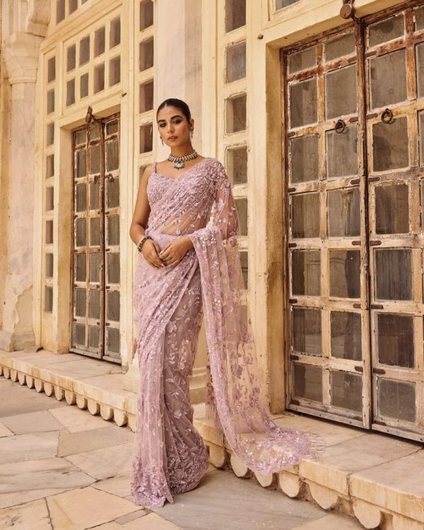 Pink Mono Net Sequins Saree