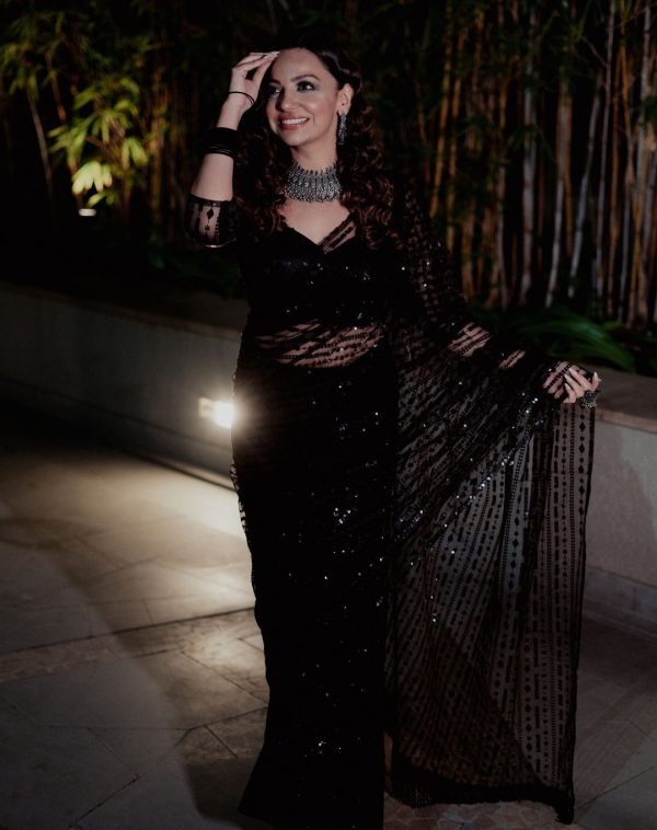Black Butterfly Net Embroidery Saree