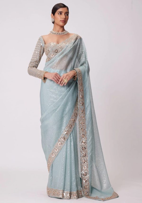 Sky Blue Georgette Sequins Saree